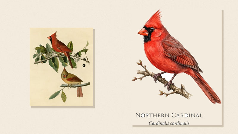 Audubon's vintage Cardinal Grosbeak plate beside Shopwada's watercolor Northern Cardinal illustration