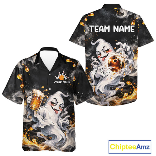 Funny Ghost & Beer Bowling Hawaiian Shirt Custom Black Yellow Bowling Team Button Up Shirt
