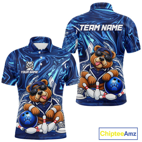 Custom Funny Bear Bowling Shirt Blue Bowling Jersey Polo & 1/4-Zip