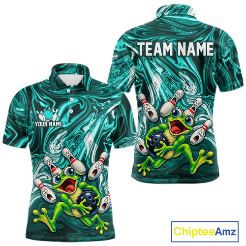 Custom Cyan Liquid Swirl Bowling Shirt Funny Frog Bowling Jersey Polo & 1/4 Zip