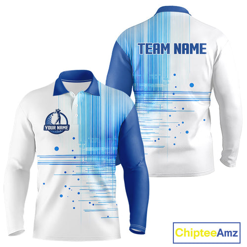 Long Sleeve Golf Polo Shirt Custom Blue Pattern Team Golf Tops, White Golf Golf Outfit