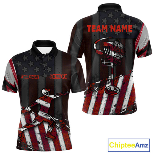 Disc Golf Polo Shirt Custom Name Vintage American Flag Disc Golf Basket Patriotic Golf Shirts