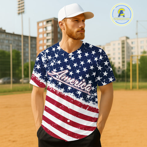 Red And Blue American Flag Baseball Jersey Custom Patriotic Baseball Shirt