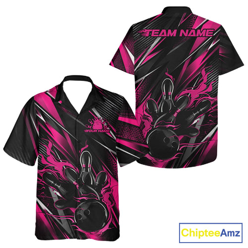 Black And Pink Flame Custom Bowling And Button Up Shirt, Bowling Tournament Team Jersey