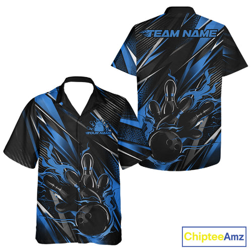 Black And Blue Flame Custom Bowling And Button Up Shirt, Bowling Tournament Team Jersey