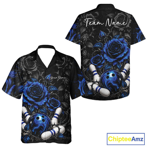 Custom Blue Roses Bowling Team Shirt, Flower Bowling Lover And Button Up Shirt Bowlers Gift