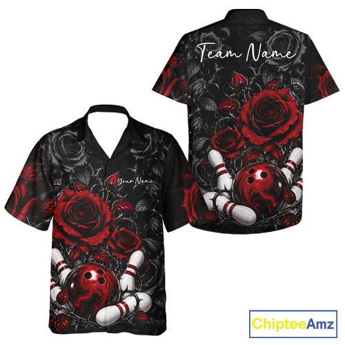 Custom Red Roses Bowling Team Shirt, Flower Bowling Lover And Button Up Shirt Bowlers Gift