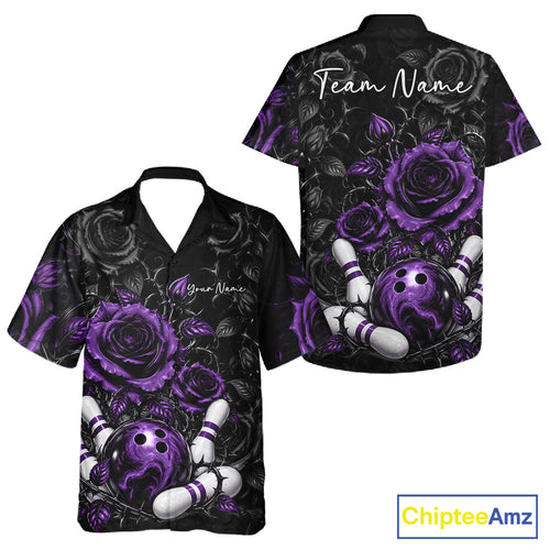 Custom Purple Roses Bowling Team Shirt, Flower Bowling Lover And Button Up Shirt Bowlers Gift