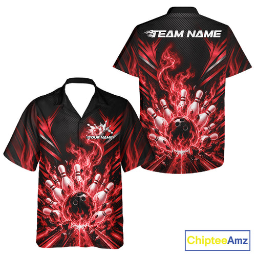 Custom Red Flame Bowling Jersey, Matching Bowling League And Button Up Shirt For Team