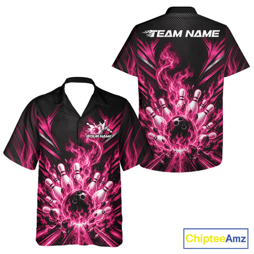 Custom Pink Flame Bowling Jersey, Matching Bowling League And Button Up Shirt For Team