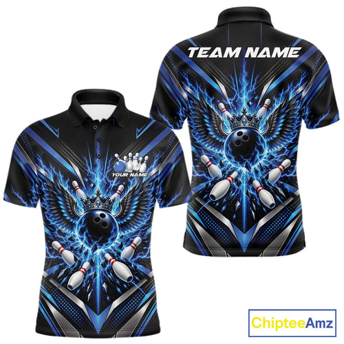 Custom Blue Lightning Crown Bowling Ball With Wings Bowling Team Polo Shirt
