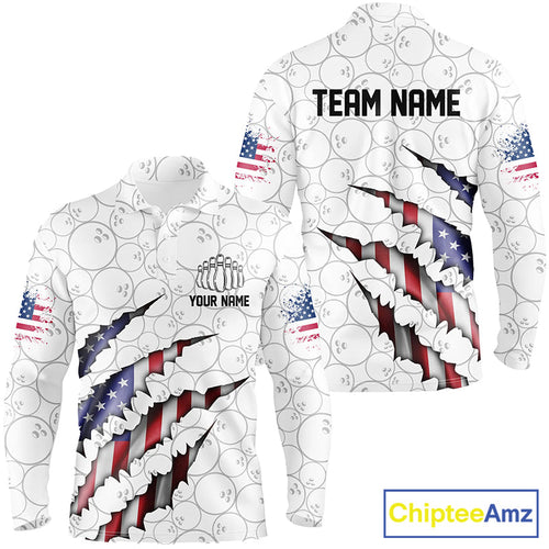 Custom Patriotic Long Sleeve Bowling Shirts, American Flag Usa Bowling League Shirts