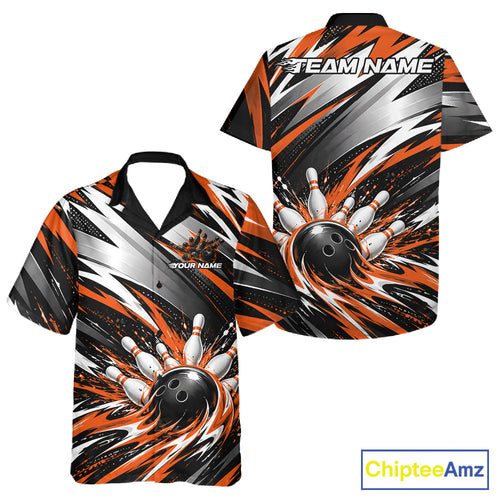 Custom Black And Orange Flame Bowling Jersey, Bowling Button Up Team Shirt And