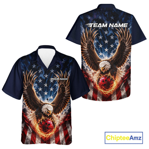 Custom Patriotic Eagle American Flag Bowling League Shirt, Bowling Team And Button Up Shirt
