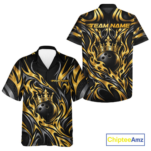Custom Black And Gold Tribal Crown Bowling Team And Button Up Shirt, Bowling King Outfit