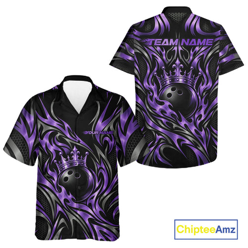 Custom Black And Purple Tribal Crown Bowling Team And Button Up Shirt, Bowling King Outfit