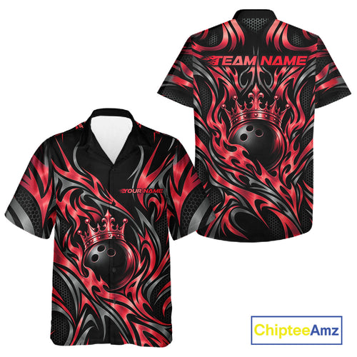 Custom Black And Red Tribal Crown Bowling Team And Button Up Shirt, Bowling King Outfit