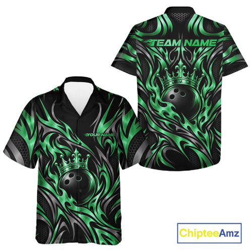Custom Black And Green Tribal Crown Bowling Team And Button Up Shirt, Bowling King Outfit