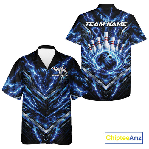 Custom Blue Lightning Bowling Team And Button Up Shirt, Matching Bowling League Shirt