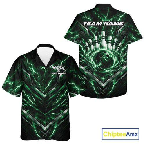 Custom Green Lightning Bowling Team And Button Up Shirt, Matching Bowling League Shirt
