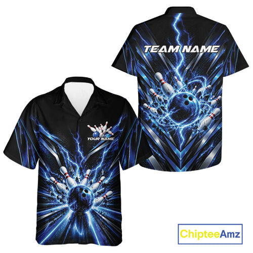 Custom Blue Lightning Bowling Team Jersey, Matching Bowling League Button Up Shirt And