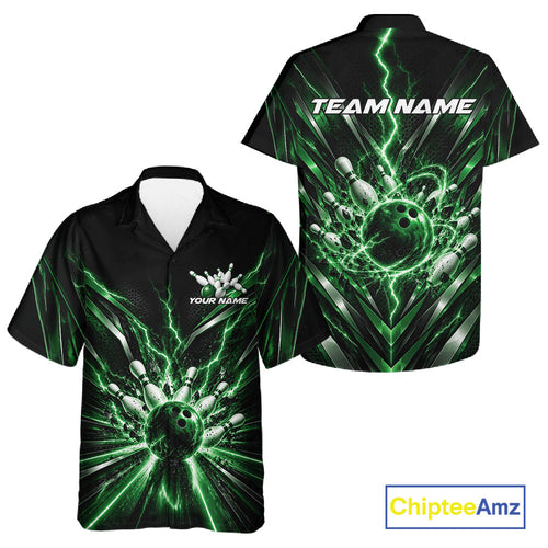 Custom Green Lightning Bowling Team Jersey, Matching Bowling League Button Up Shirt And