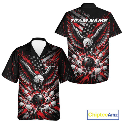 Custom Black And Red Patriotic Eagle Bowling League And Button Up Shirt, Team Jersey