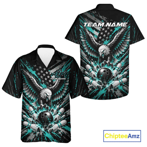Custom Turquoise Blue Patriotic Eagle Bowling League And Button Up Shirt, Team Jersey