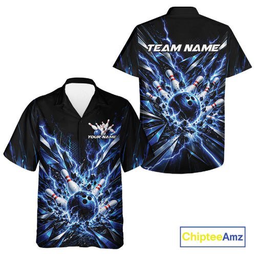 Custom Black And Blue Lightning Bowling Tournament Jersey, Bowling Team And Button Up Shirt