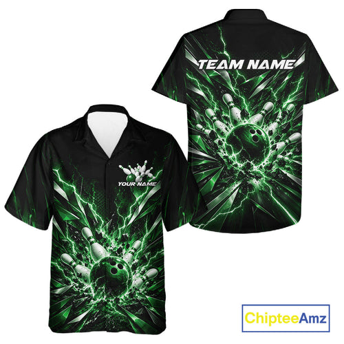 Custom Black And Green Lightning Bowling Tournament Jersey, Bowling Team And Button Up Shirt