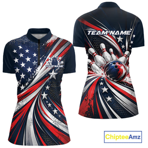 Personalized Patriotic Bowling Jerseys, US Flag Bowling League Quarter-Zip Shirt