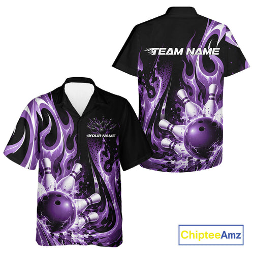 Custom Black And Purple Flame Bowling Jersey And, Bowling League Button Up Shirt