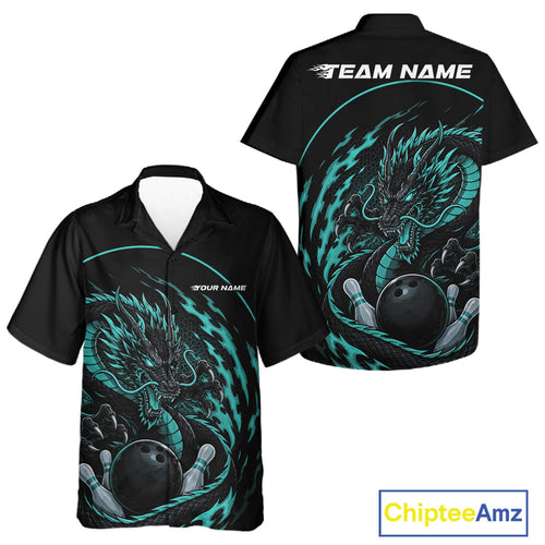 Personalized Blue Flame Coiled Dragon Bowling And Hawaiian Shirt Team Uniform
