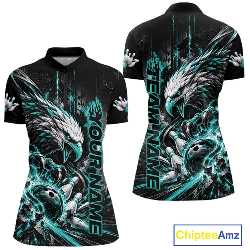 Custom Teal Blue Grunge Eagle Bowling Quarter-Zip Shirt, Team League Shirt Bowlers