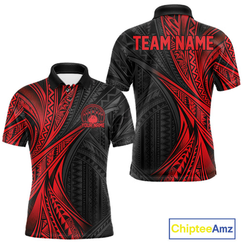 Custom Black And Red Tribal Pattern Bowling Team Polo Shirt, Bowling League Shirt
