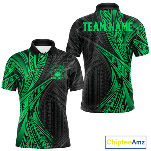 Custom Black And Green Tribal Pattern Bowling Team Polo Shirt, Bowling League Shirt