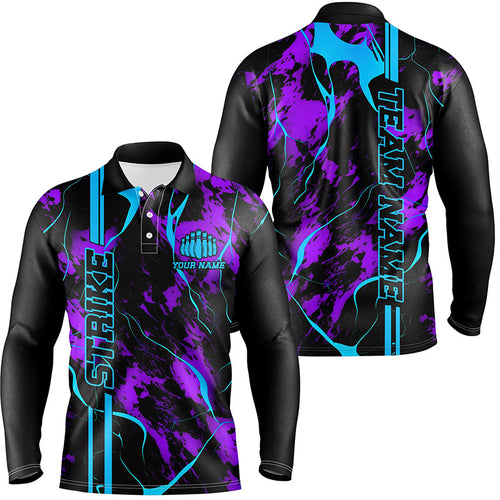 Custom Blue And Purple Camo Strike Bowling Shirts, Bowling Team Uniform With Name