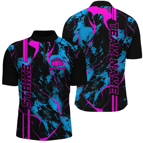 Custom Blue Pink Strike Bowling Shirts Quarter Zip Camo Bowling Team Jerseys Bowling League