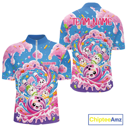 Custom Colorful Cute Funny Candy Bowling Quarter Zip Shirt, Playful Bowling Shirt