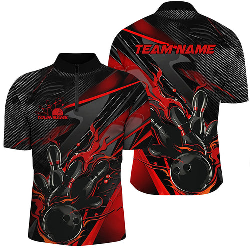 Black And Red Custom Flame Bowling Shirts, Fire Bowling Team Shirt Bowler Jersey