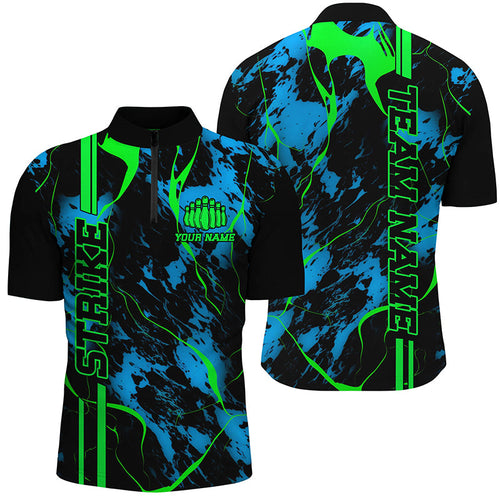 Black, Green And Blue Strike Bowling Quarter Zip Shirts, Custom Bowling Team Shirts