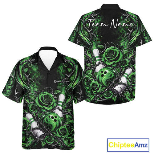 Personalized Green Roses Bowling Team Jersey, Flower Bowling And Button Up Shirt Bowler Gift