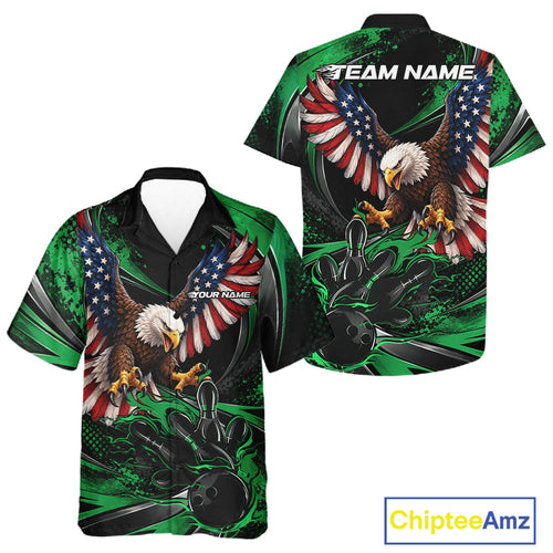 Custom Green Flame American Flag Eagle Patriotic Bowling And Button Up Shirt, Team Uniform