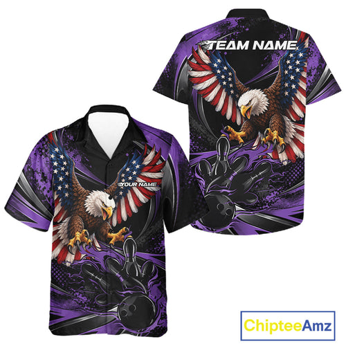 Custom Purple Flame American Flag Eagle Patriotic Bowling And Button Up Shirt, Team Uniform
