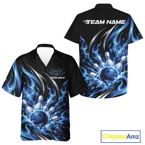 Custom Blue Flame Bowling Button Up Shirt And, Bowling Tournament Jersey Bowler Outfit