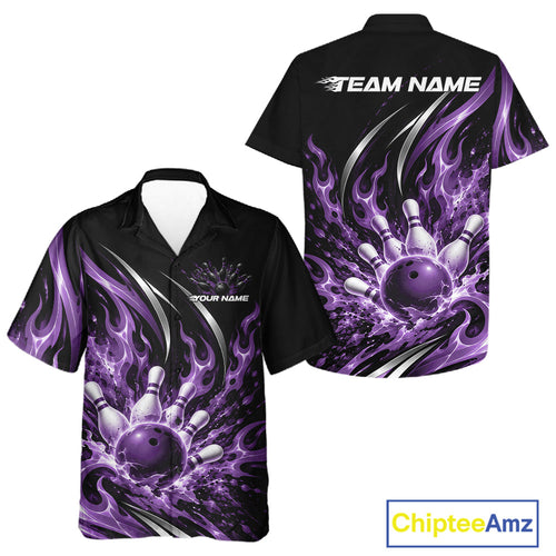 Custom Purple Flame Bowling Button Up Shirt And, Bowling Tournament Jersey Bowler Outfit