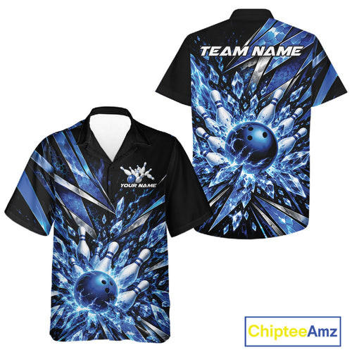Custom Blue Icy Crystal Bowling And Button Up Shirt, Ice Bowling Team Jersey Bowler Outfit