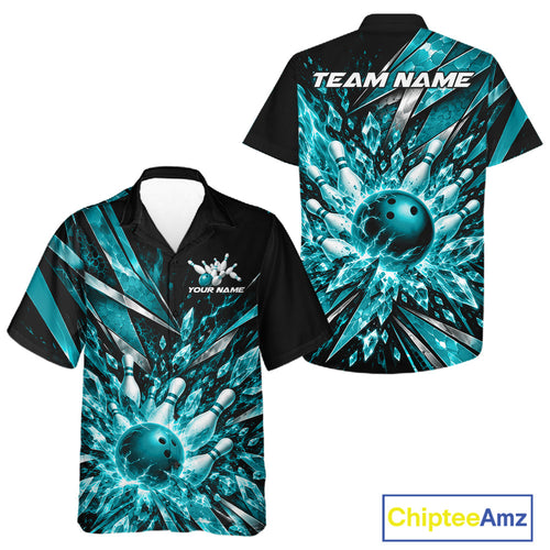 Custom Teal Blue Icy Crystal Bowling And Button Up Shirt, Bowling Team Jersey Bowler Outfit