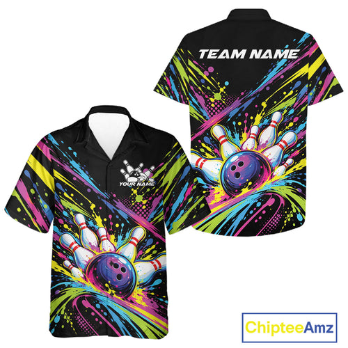 Custom Colorful Splatter Bowling Team Button Up Shirt And, Bowling Tournament Jersey