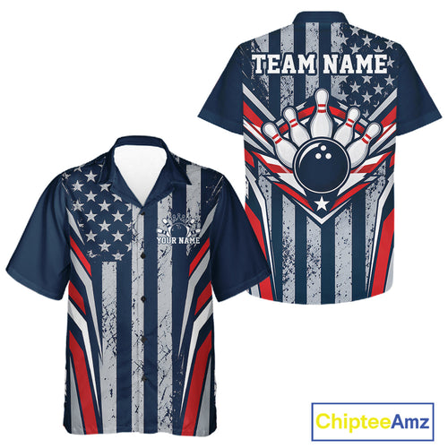 Grunge American Flag Custom Vintage Patriotic Bowling And Button Up Shirt, Bowler Outfit